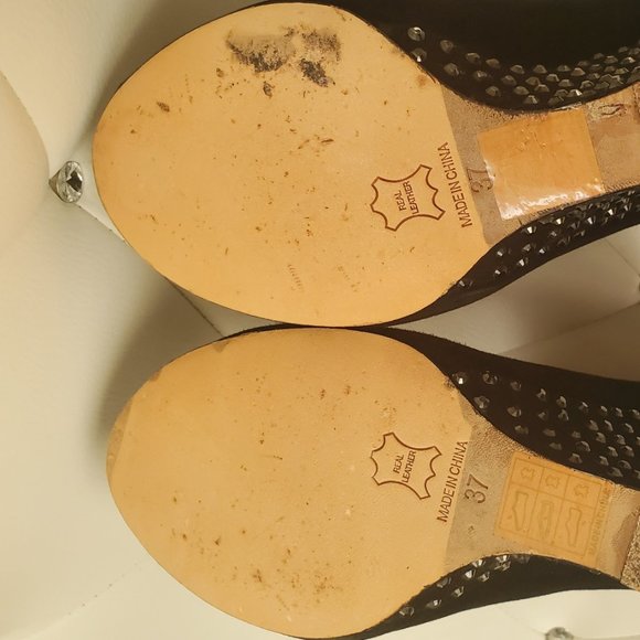 size 37 Sexy Black Crystal Black Suede wedge Bootie/heels, open tow. 1971 Reiss - Picture 5 of 10